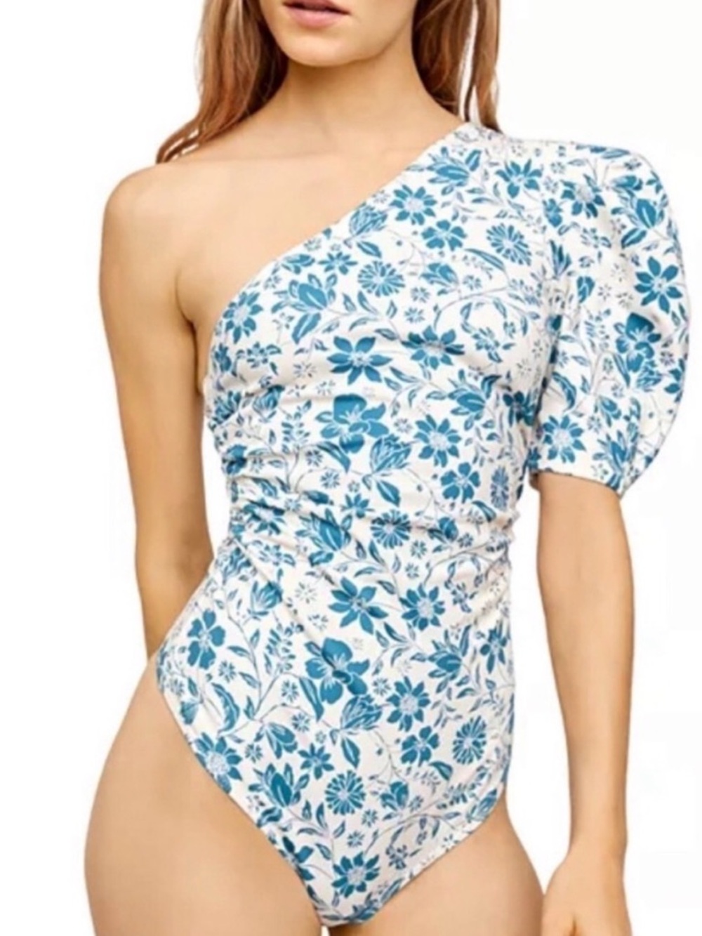 Free People Dream a Little Dream Blue and White Floral One Shoulder Bodysuit M